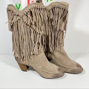 7 For All Mankind Gray Suede Fringe Heeled Boots Stacked Calf Height